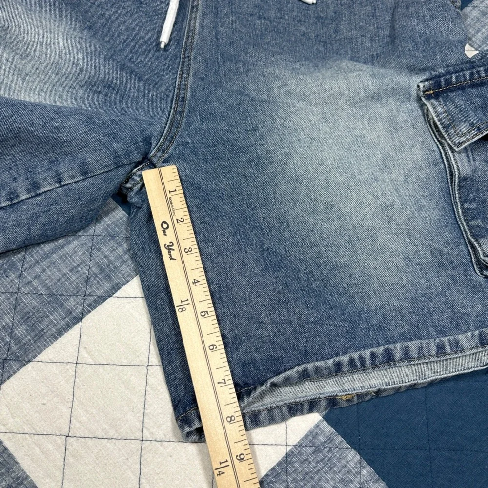 Faded Mens Cargo Baggy Denim Shorts Medium Wash Elastic Waist Drawstring Size M